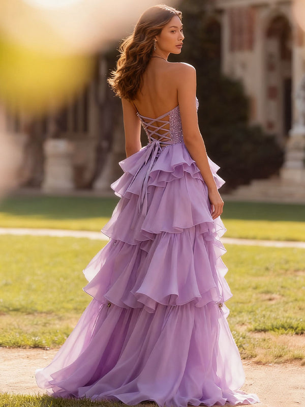 A Line/Princess Tiered Split Floor-Length Fancy Prom Dresses with Glitter Sequin