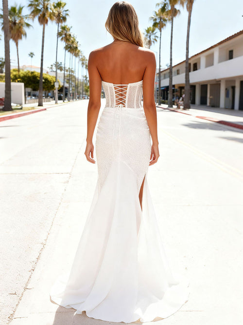 Sheath/Column Sequin Sleeveless Floor-Length Formal Prom Dresses with High Slit