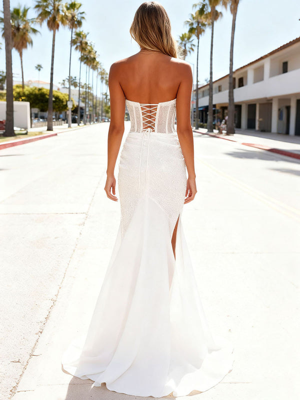 Sheath/Column Sequin Sleeveless Floor-Length Formal Prom Dresses with High Slit