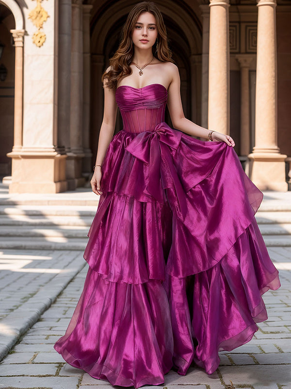 A-Line/Princess Sleeveless Tiered Floor-Length Formal Prom Dresses with Bow