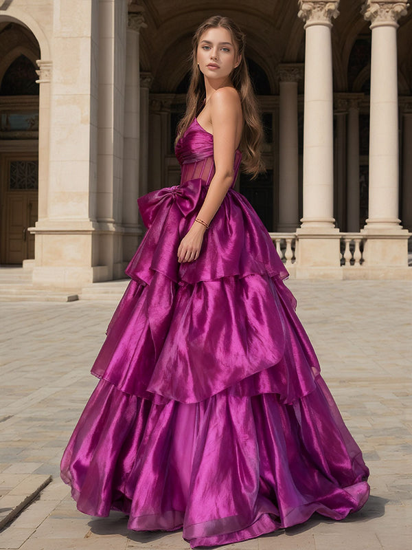 A-Line/Princess Sleeveless Tiered Floor-Length Formal Prom Dresses with Bow