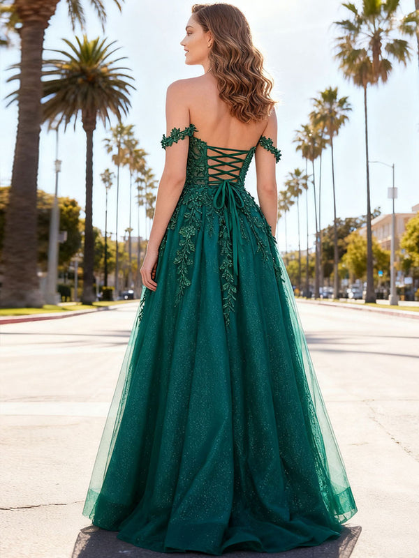 A-Line/Princess Off Shoulder Floor-Length Formal Prom Dresses with Lace Appliques