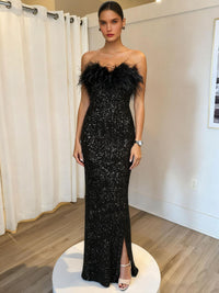 Sheath/Colummn Sequin Sleeveless Maxi Evening Dresses with Feather-Trim