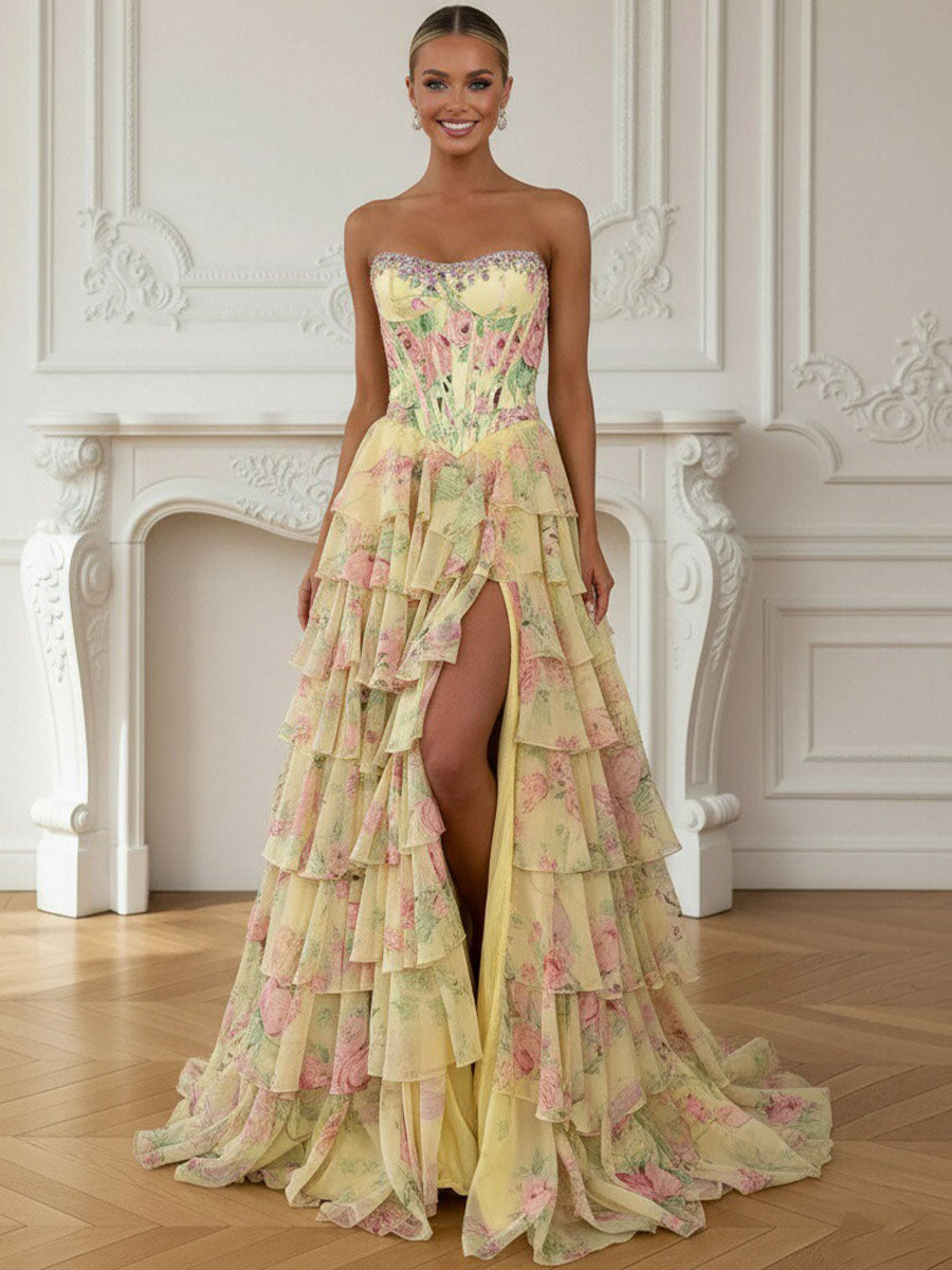 A-Line/Princess Tiered Floor-Length Fancy Formal Prom Dresses with Flower