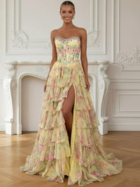 A-Line/Princess Tiered Floor-Length Fancy Formal Prom Dresses with Flower