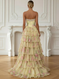 A-Line/Princess Tiered Floor-Length Fancy Formal Prom Dresses with Flower