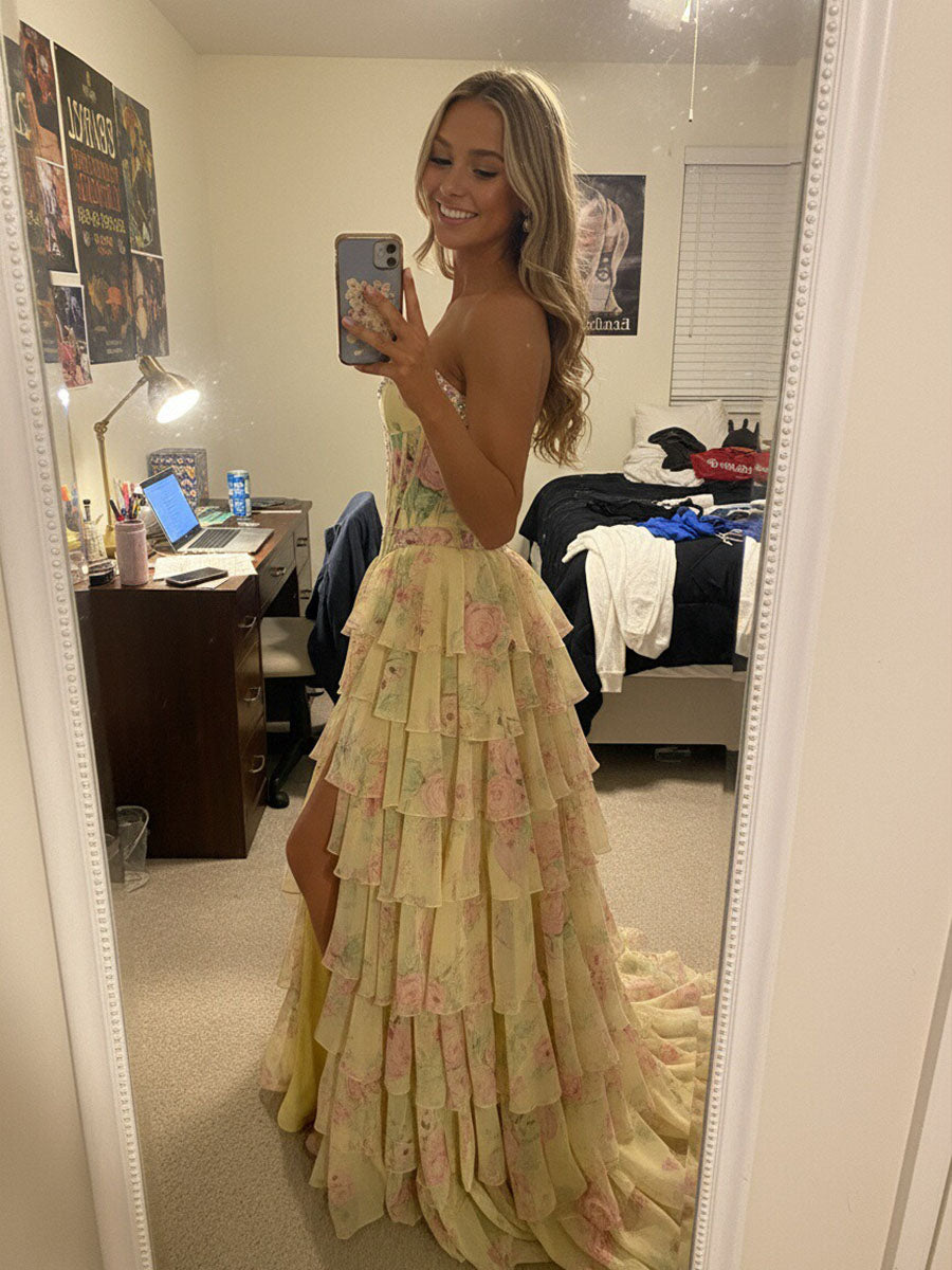 A-Line/Princess Tiered Floor-Length Fancy Formal Prom Dresses with Flower