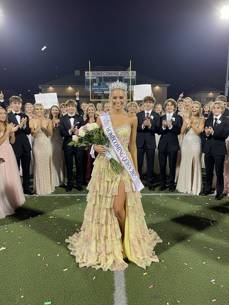 A-Line/Princess Tiered Floor-Length Fancy Formal Prom Dresses with Flower