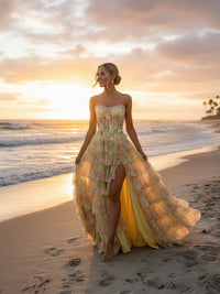 A-Line/Princess Tiered Floor-Length Fancy Formal Prom Dresses with Flower