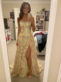 A-Line/Princess Tiered Floor-Length Fancy Formal Prom Dresses with Flower