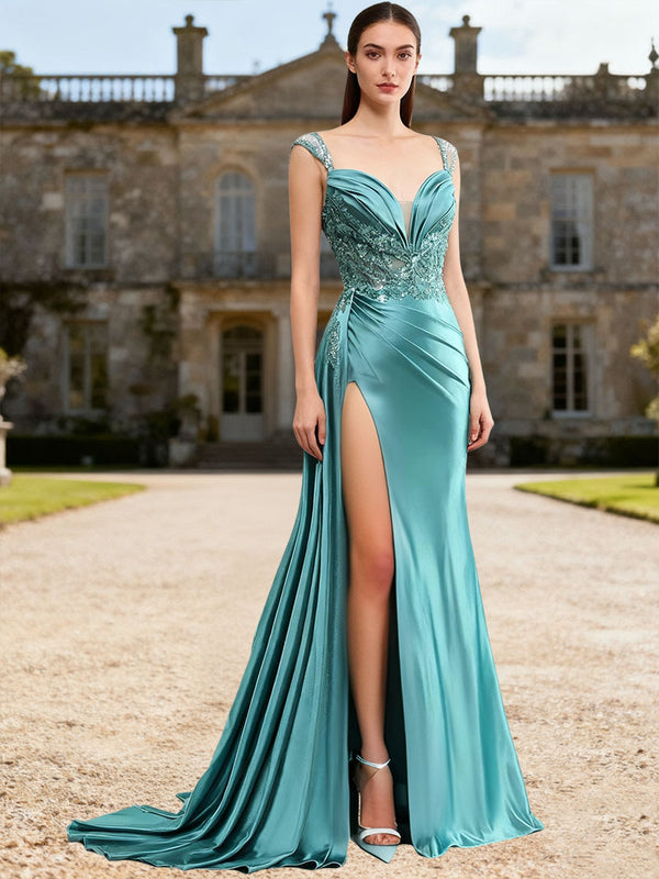 Sheath/Column Ruched Thick Strap Sleeveless Floor-Length Formal Prom Dresses with Trail