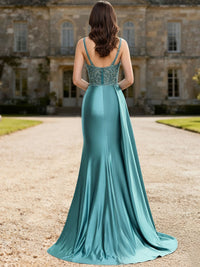 Sheath/Column Ruched Thick Strap Sleeveless Floor-Length Formal Prom Dresses with Trail