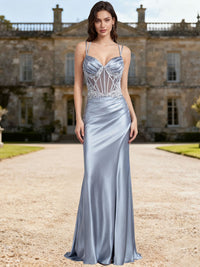 Mermaid Ruched Corset Floor-Length Formal Prom Dresses with Slit