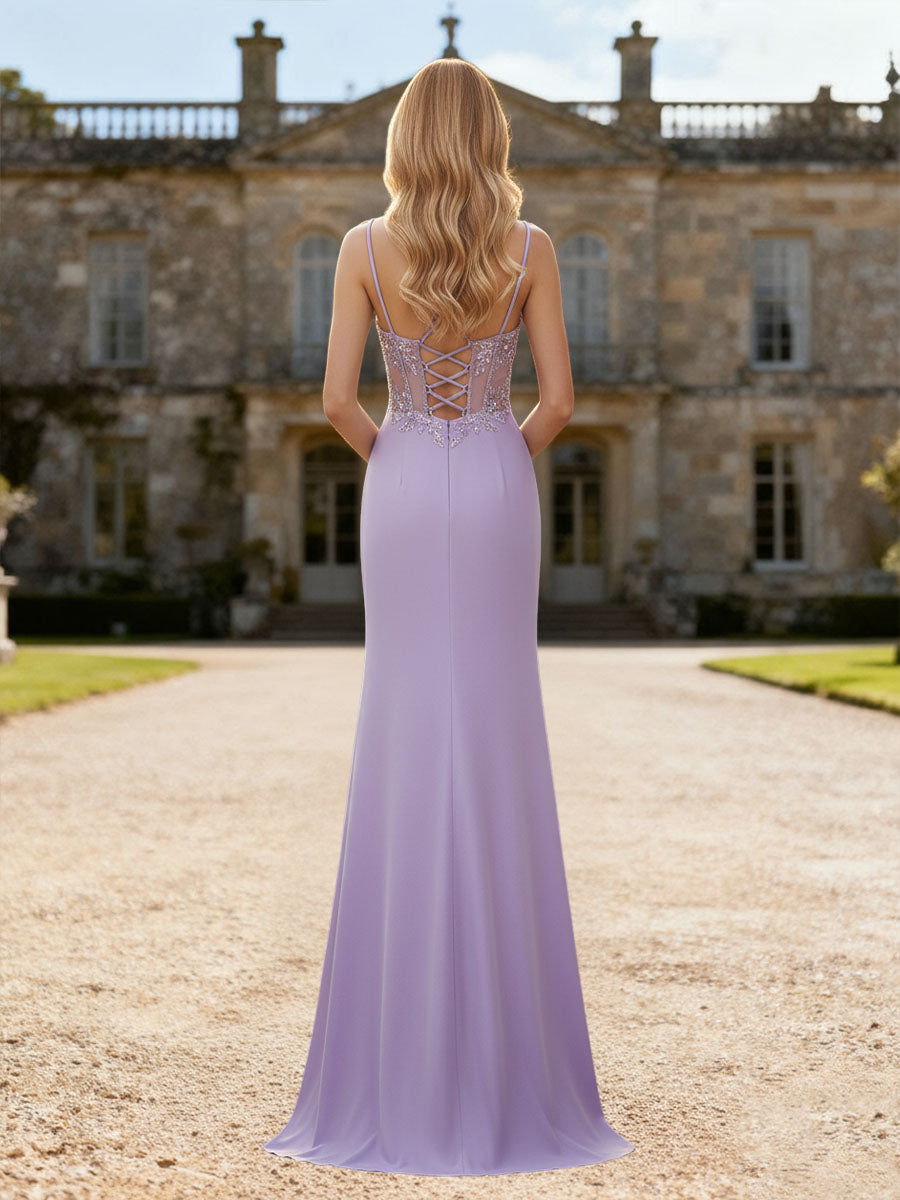 Mermaid Ruched Corset Floor-Length Formal Prom Dresses with Slit