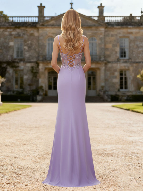 Mermaid Ruched Corset Floor-Length Formal Prom Dresses with Slit