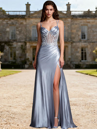 Mermaid Ruched Corset Floor-Length Formal Prom Dresses with Slit