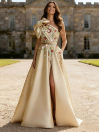 A-Line/Princess Floral One Shoulder Floor-Length Fancy Evening Dresses with Bow