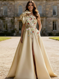 A-Line/Princess Floral One Shoulder Floor-Length Fancy Evening Dresses with Bow