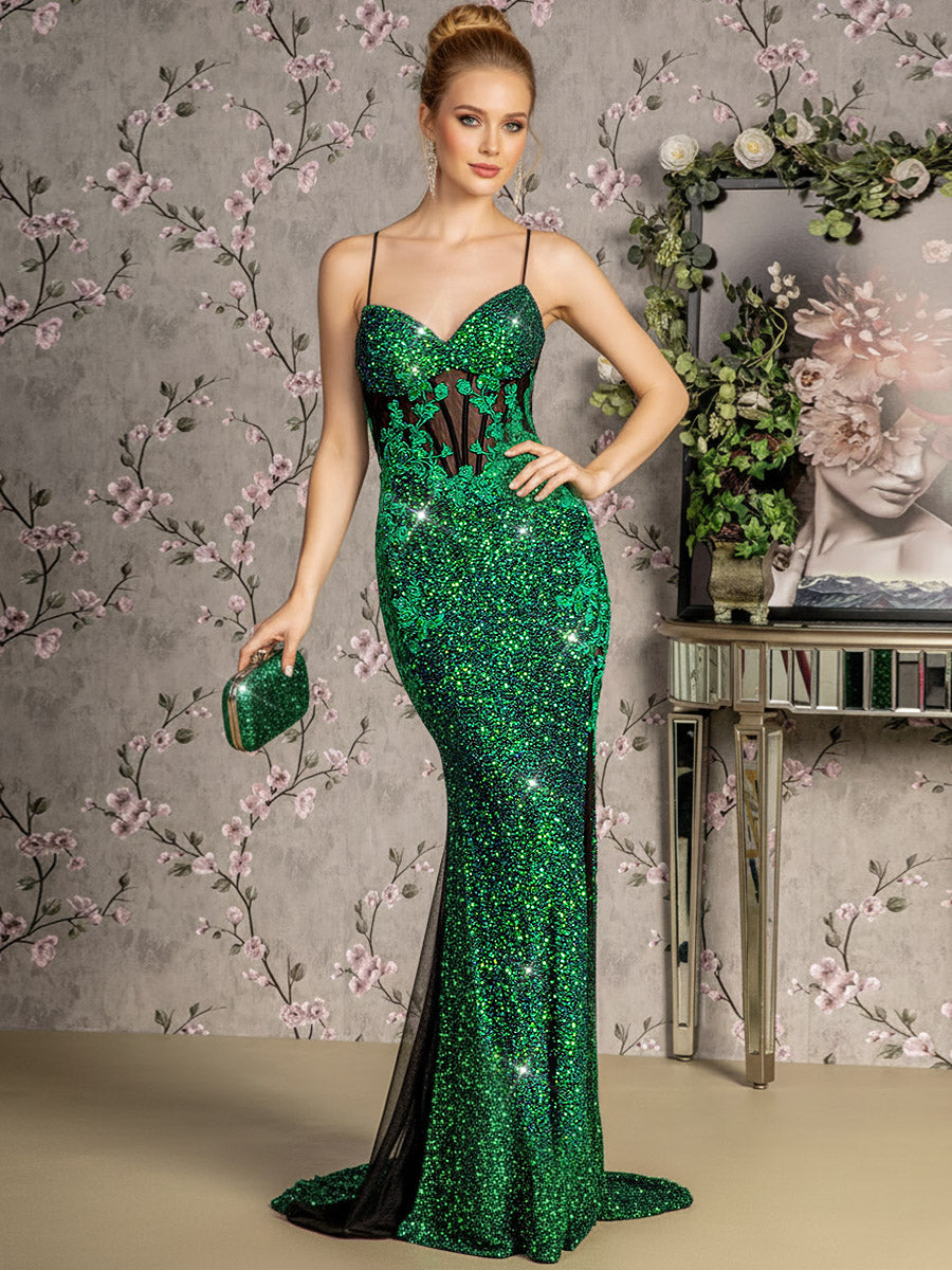 Mermaid Spaghetti Strap Sparkly Floor-Length Prom Dresses with Sequin