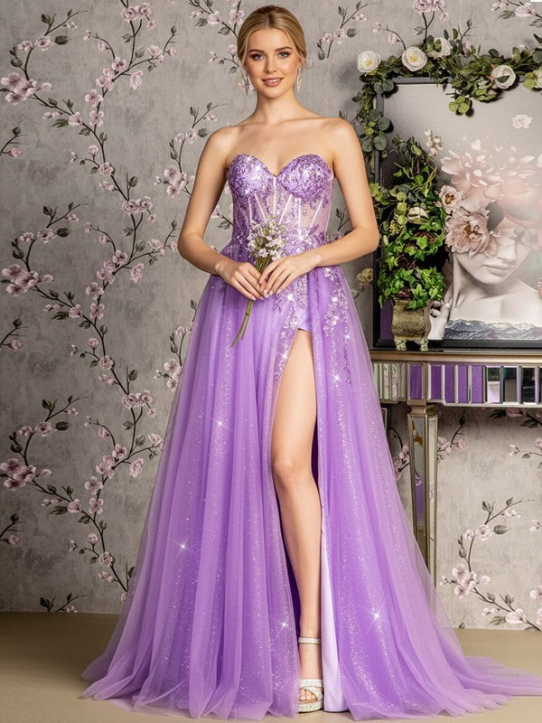 A-Line/Princess Strapless Floor-Length Prom Dresses with Lace Appliques