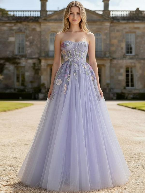 A-Line/Princess Strapless Floor-Length Prom Dresses with Flower Appliques