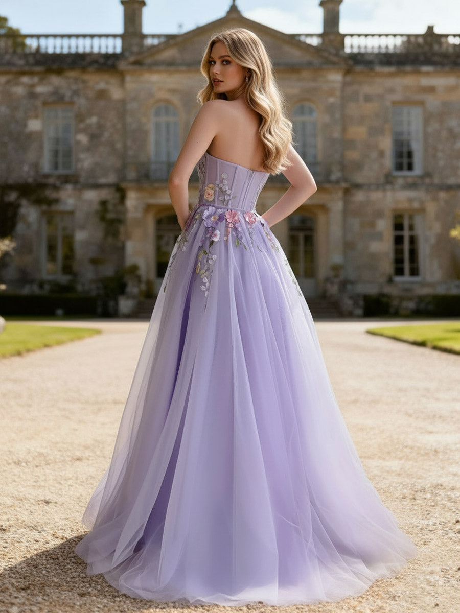 A-Line/Princess Strapless Floor-Length Prom Dresses with Flower Appliques