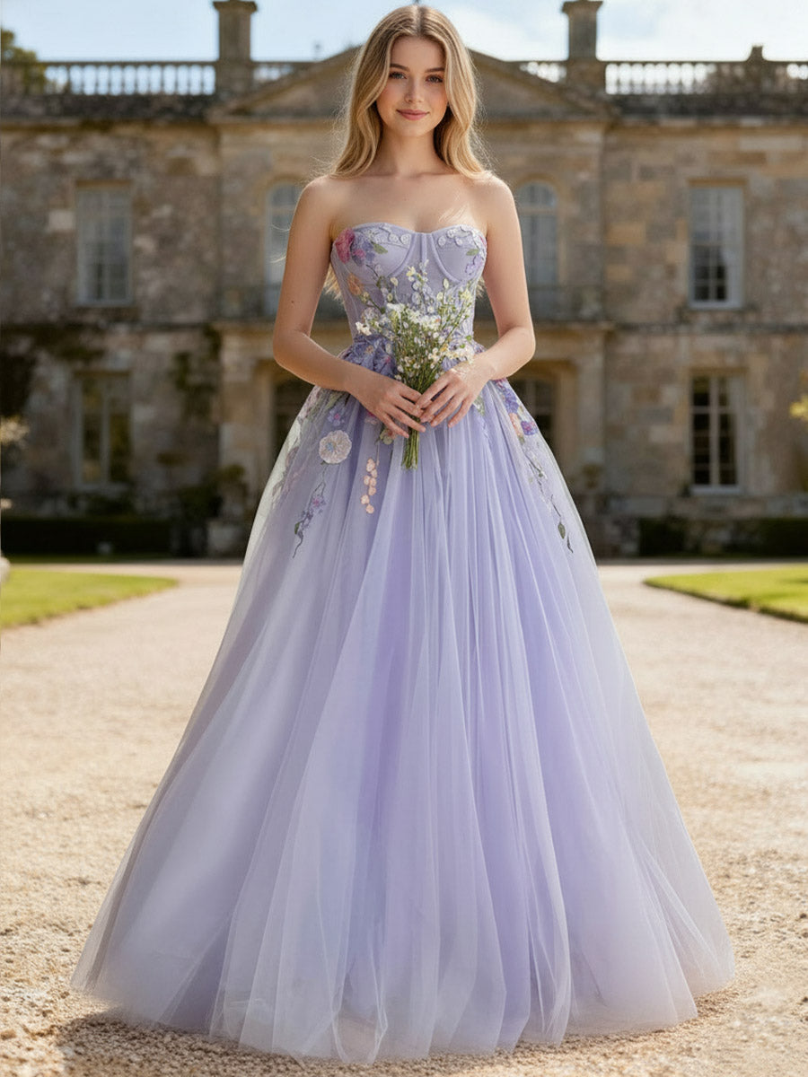 A-Line/Princess Strapless Floor-Length Prom Dresses with Flower Appliques