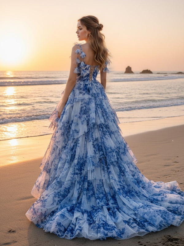 A-Line/Princess Tiered Ruffle Floor-Length Fancy Ball Prom Dresses with Floral Print