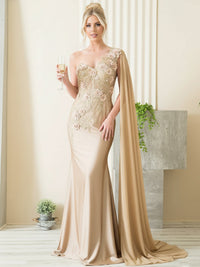 Mermaid 3D Floral One Shoulder Floor-Length Formal Evening Dresses with Cape
