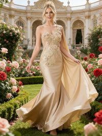 Mermaid 3D Floral One Shoulder Floor-Length Formal Evening Dresses with Cape