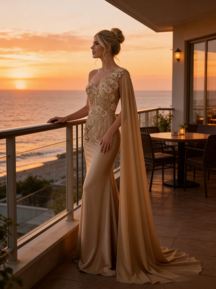 Mermaid 3D Floral One Shoulder Floor-Length Formal Evening Dresses with Cape