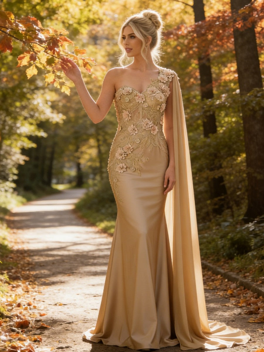 Mermaid 3D Floral One Shoulder Floor-Length Formal Evening Dresses with Cape