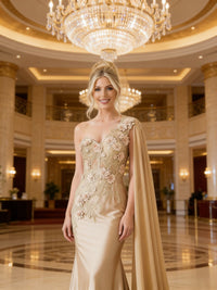 Mermaid 3D Floral One Shoulder Floor-Length Formal Evening Dresses with Cape