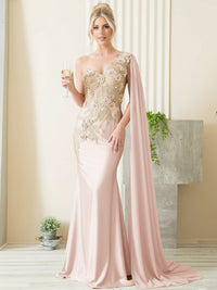 Mermaid 3D Floral One Shoulder Floor-Length Formal Evening Dresses with Cape