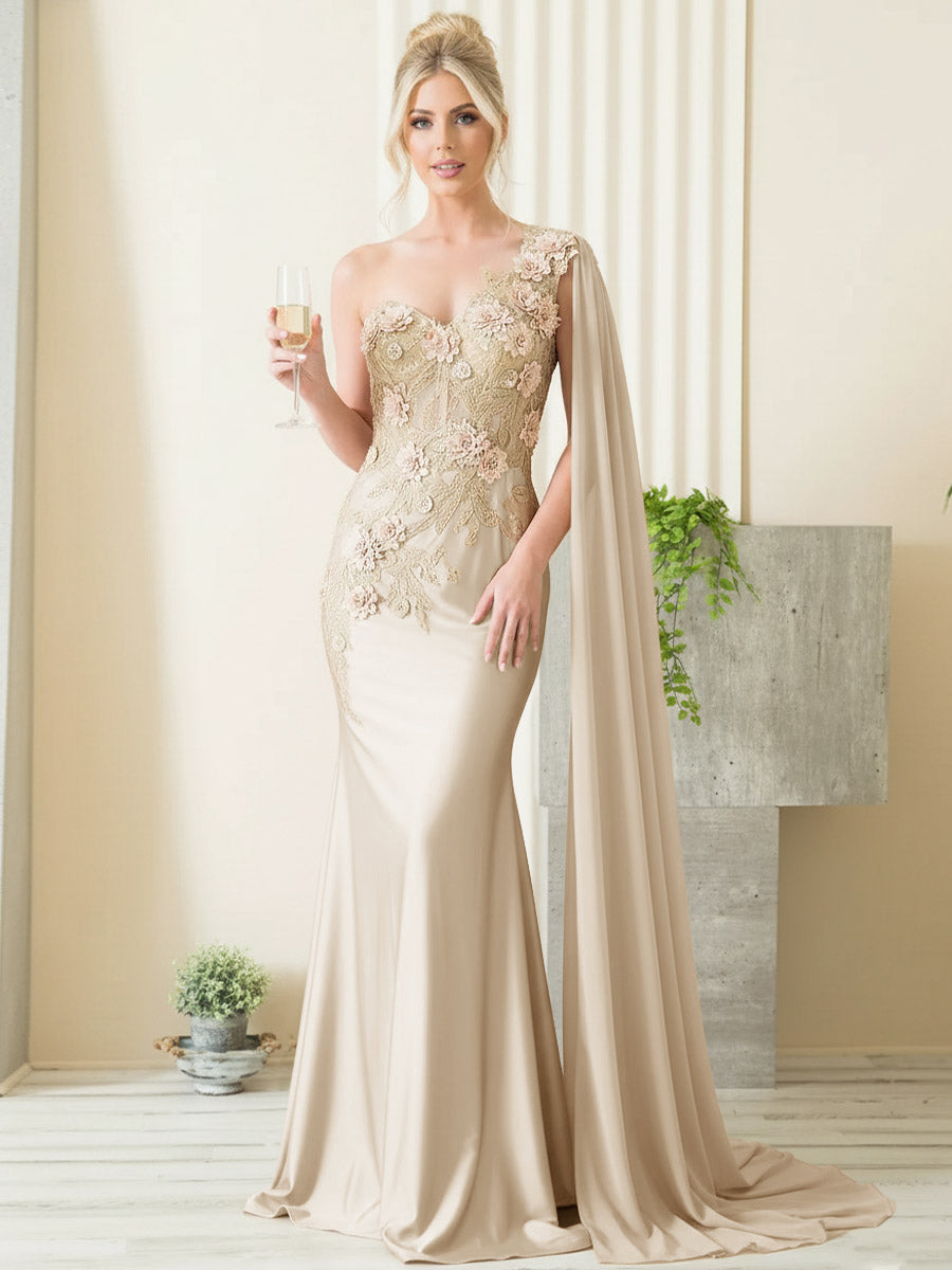 Mermaid 3D Floral One Shoulder Floor-Length Formal Evening Dresses with Cape