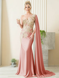 Mermaid 3D Floral One Shoulder Floor-Length Formal Evening Dresses with Cape