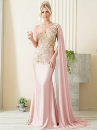 Mermaid 3D Floral One Shoulder Floor-Length Formal Evening Dresses with Cape