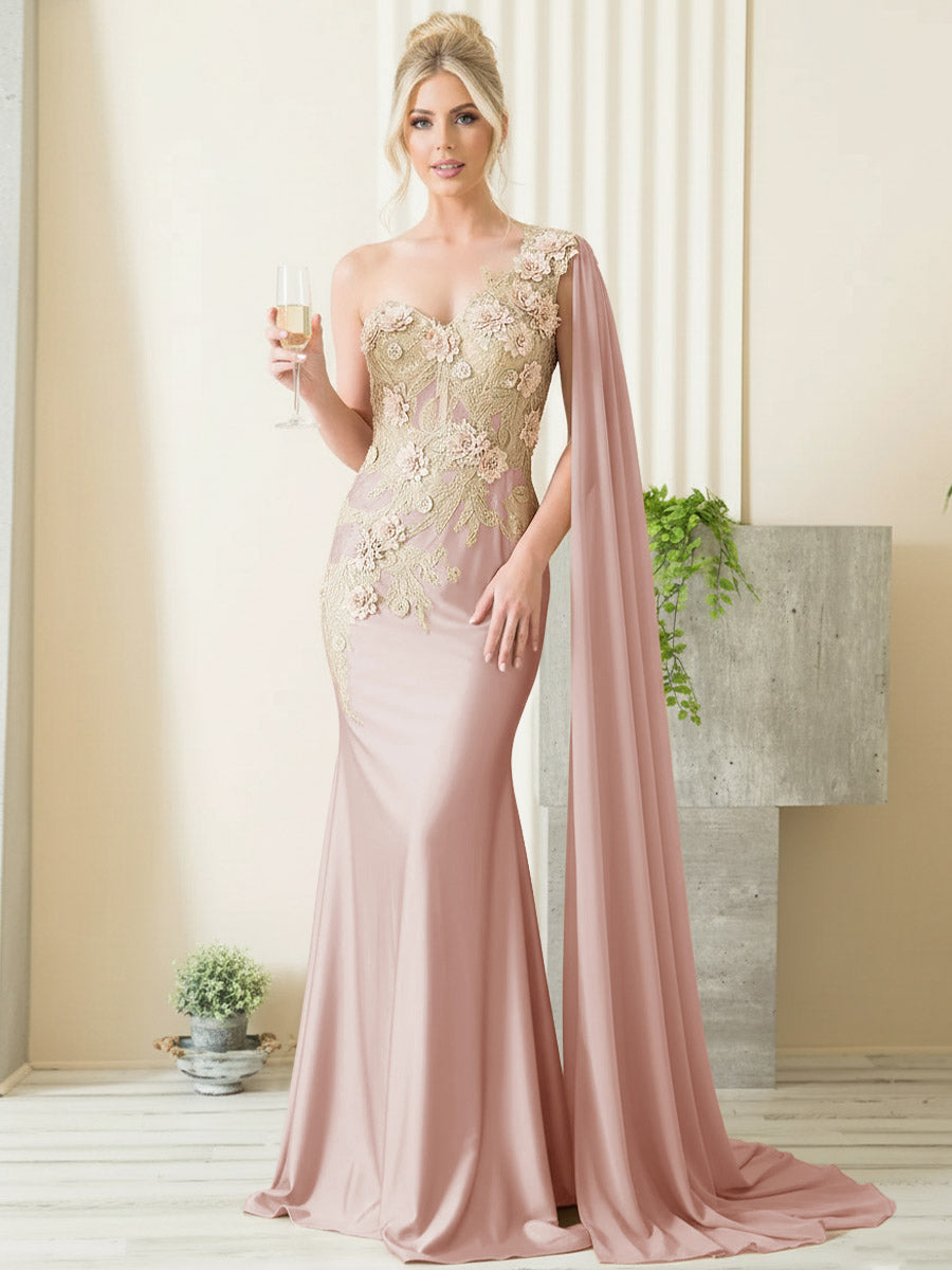 Mermaid 3D Floral One Shoulder Floor-Length Formal Evening Dresses with Cape