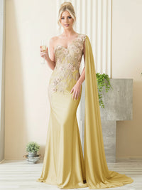 Mermaid 3D Floral One Shoulder Floor-Length Formal Evening Dresses with Cape