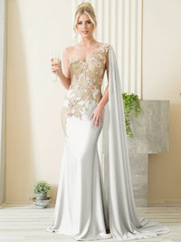 Mermaid 3D Floral One Shoulder Floor-Length Formal Evening Dresses with Cape