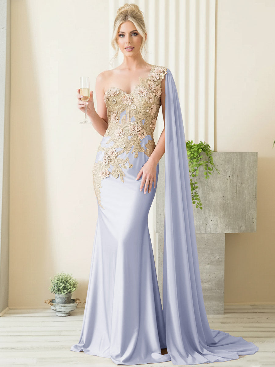 Mermaid 3D Floral One Shoulder Floor-Length Formal Evening Dresses with Cape