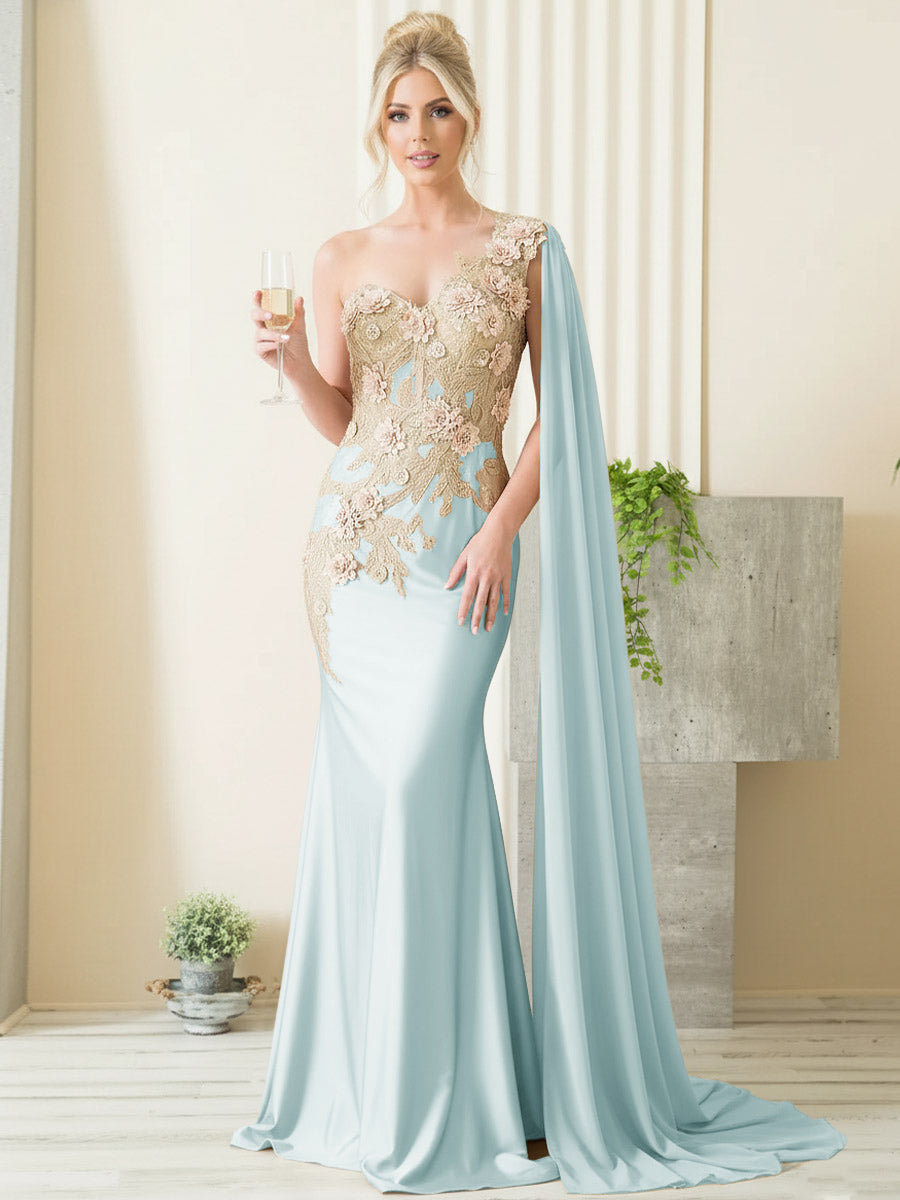 Mermaid 3D Floral One Shoulder Floor-Length Formal Evening Dresses with Cape