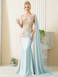 Mermaid 3D Floral One Shoulder Floor-Length Formal Evening Dresses with Cape
