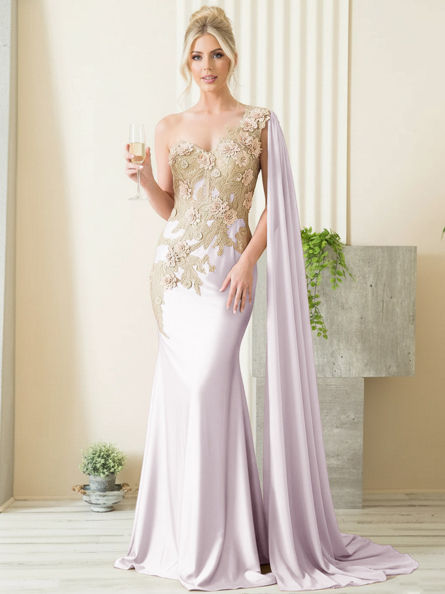 Mermaid 3D Floral One Shoulder Floor-Length Formal Evening Dresses with Cape