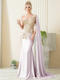 Mermaid 3D Floral One Shoulder Floor-Length Formal Evening Dresses with Cape
