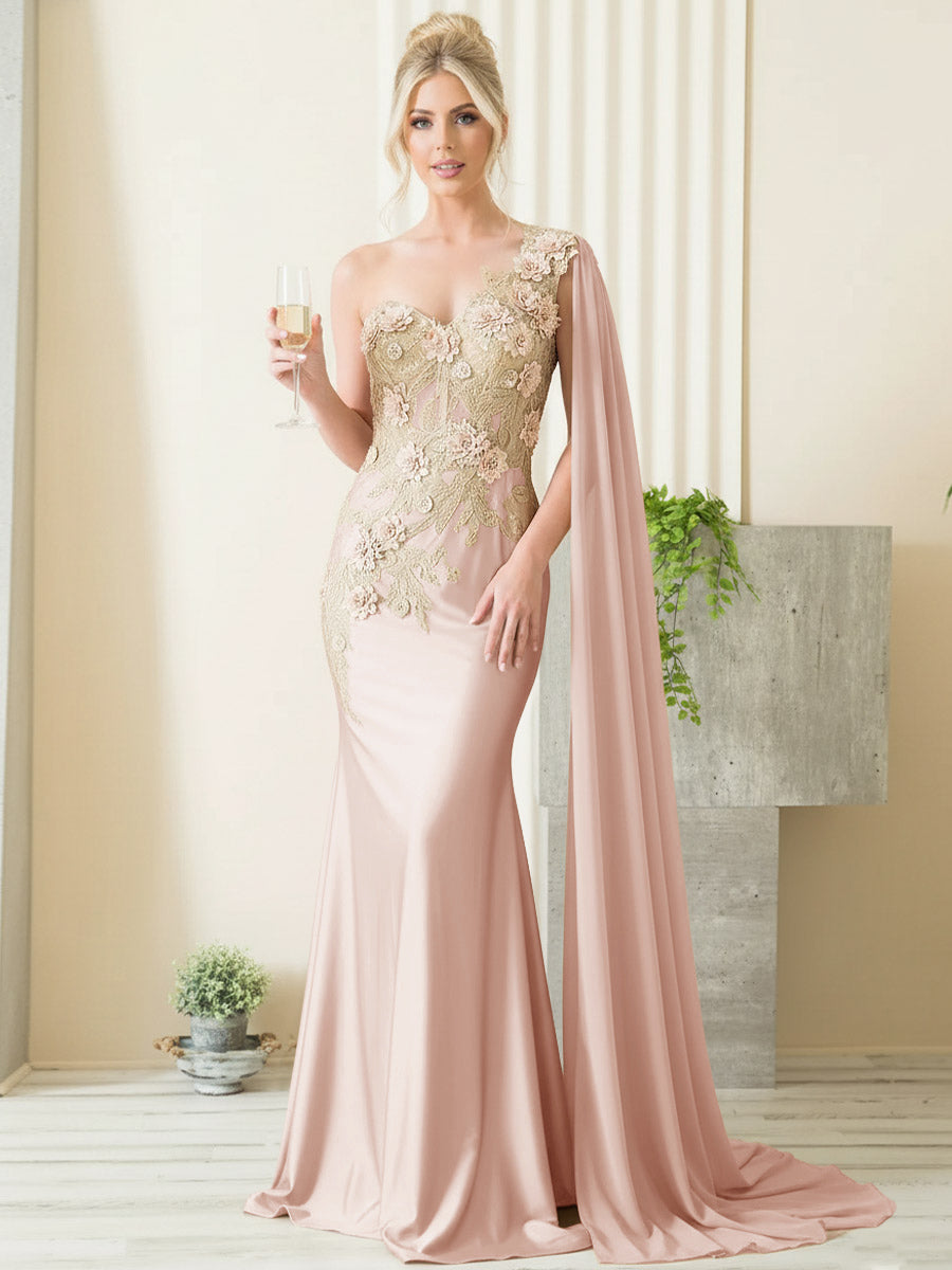 Mermaid 3D Floral One Shoulder Floor-Length Formal Evening Dresses with Cape