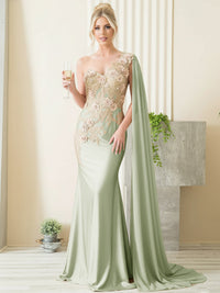 Mermaid 3D Floral One Shoulder Floor-Length Formal Evening Dresses with Cape