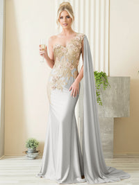 Mermaid 3D Floral One Shoulder Floor-Length Formal Evening Dresses with Cape