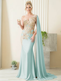 Mermaid 3D Floral One Shoulder Floor-Length Formal Evening Dresses with Cape