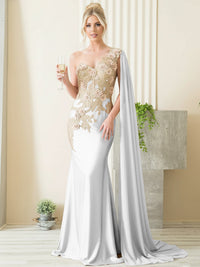 Mermaid 3D Floral One Shoulder Floor-Length Formal Evening Dresses with Cape